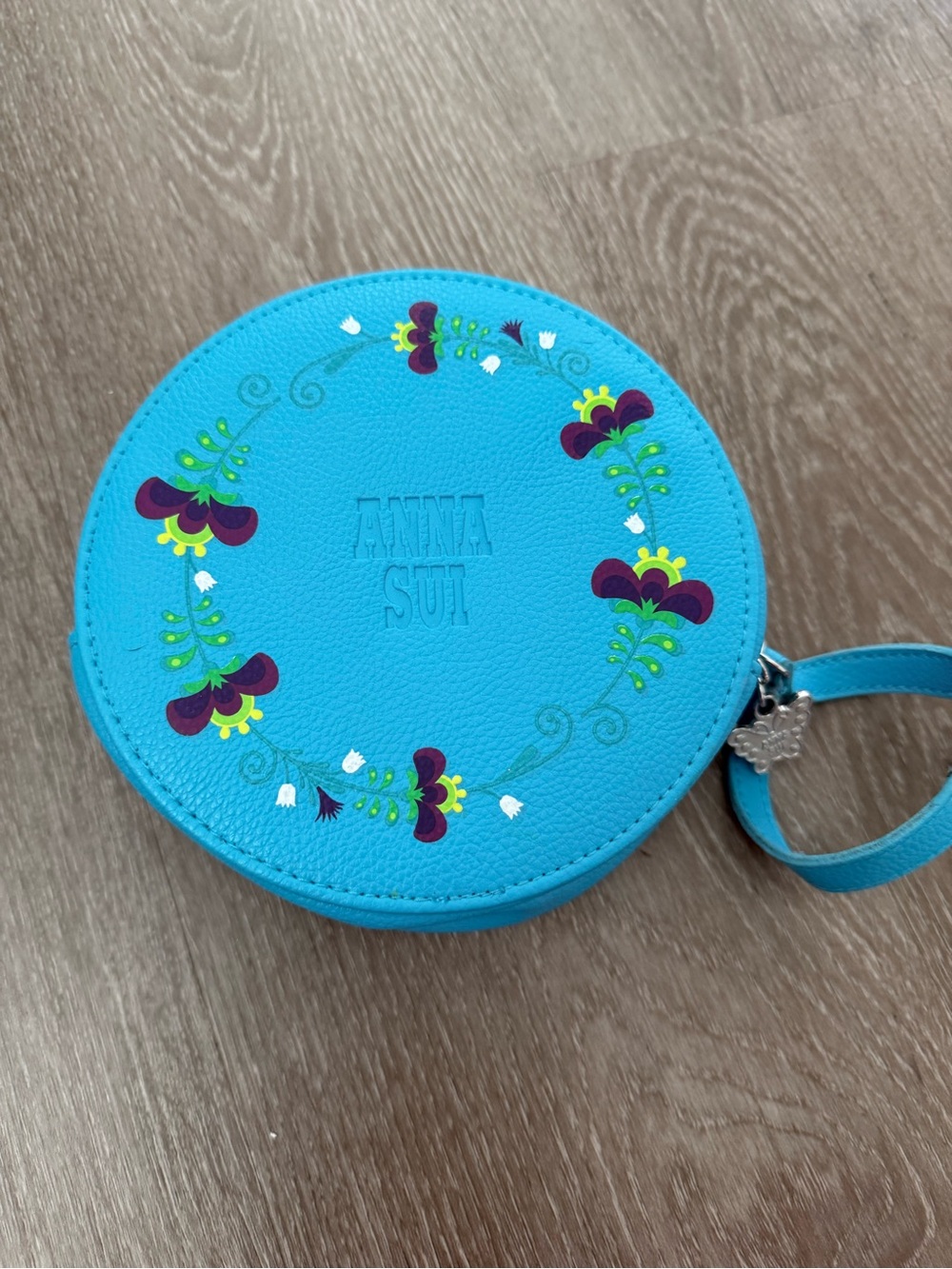 Anna Sui Turquoise Floral Round Wristlet with Purple & Lime Accents